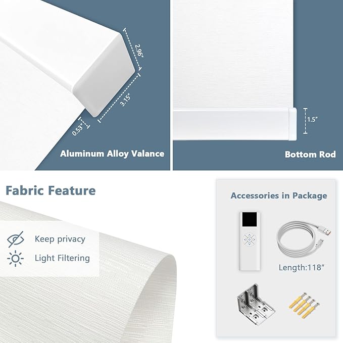 Motorized Blinds with Remote Cordless Automatic Motorized Shades Custom Blinds for Windows Smart Curtains Compatible with Alexa Google Home(Light Filtering Jacquard White,W26 x H72in)