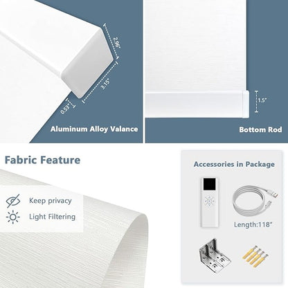 Motorized Blinds with Remote Cordless Automatic Motorized Shades Custom Blinds for Windows Smart Curtains Compatible with Alexa Google Home(Light Filtering Jacquard White,W46 x H72in)