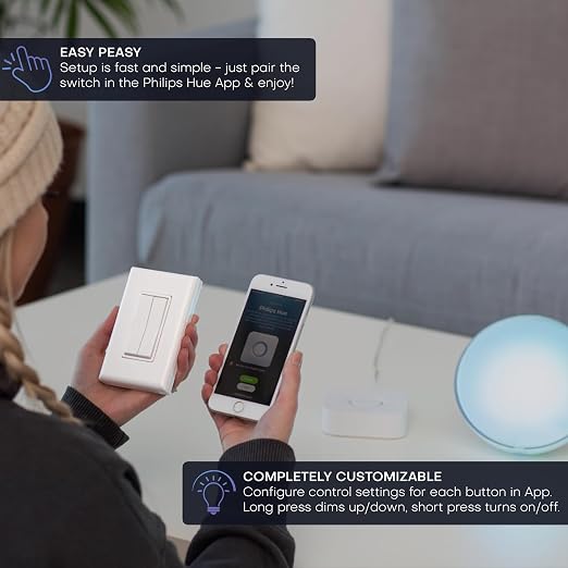 RunLessWire Click for Hue Battery-Free Wireless Smart Switch Light Almond | Dimmable Kinetic Switch Pairs Natively to Philips Hue Bridge, 4 Programmable Buttons to Control Scenes & Areas, 100ft Range