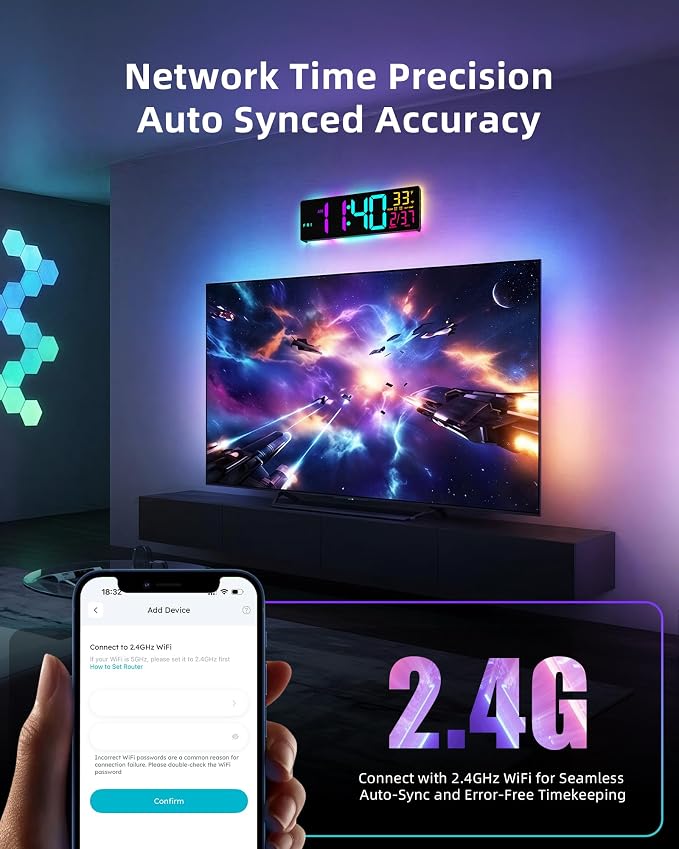 EASYERA Smart Digital Wall Clock App Control, 16.5” Large RGB Clock | DIY Color, LED Display, Auto DST, Plug-In, Music Sync | Classroom Home Gym Gaming