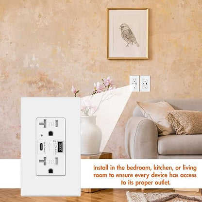 Micmi USB Outlet with C + A Wall Dual High Speed Receptacle Smart 4.8A Fast Charging Capability, 20Amp 125Volt, Tamper Resistant Wall Plate Included UL Listed (1Pack, White, 20 Amp Outlet)