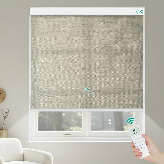 Motorized Roller Shades, Light Filtering Remote Control Custom Window Shades Compatible with Alexa Google Assistant via RF Hub, Rechargeable Electric Blinds for Windows (Texture Dark Coffee)