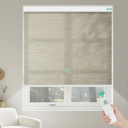 Motorized Roller Shades, Light Filtering Remote Control Custom Window Shades Compatible with Alexa Google Assistant via RF Hub, Rechargeable Electric Blinds for Windows (Texture Dark Coffee)