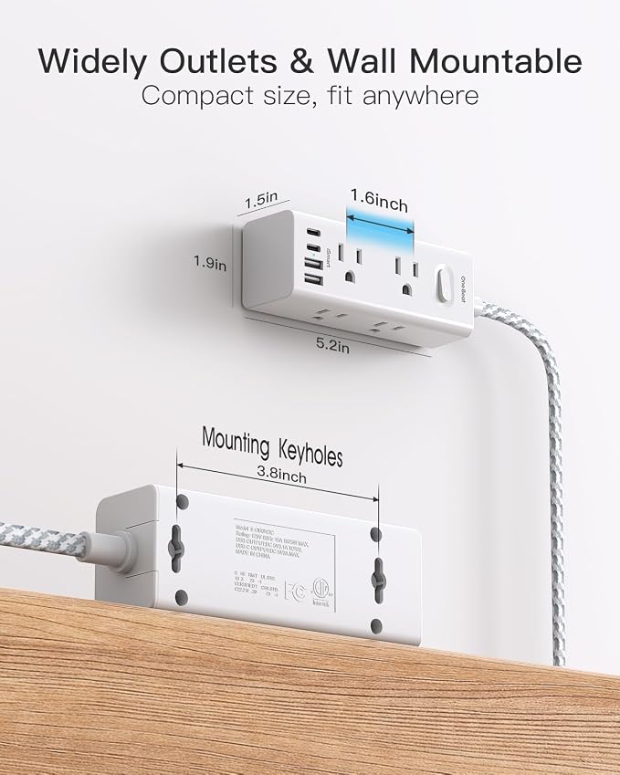 Flat Plug Extension Cord 15Ft, One Beat Surge Protector Power Strip 15 Ft Cord with 6 Widely Outlets 4 USB Ports (2 USB C), 3 Way Wall Outlet Extender Extension Cord for Home Office College Dorm Room