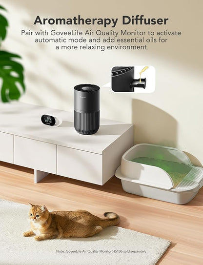 GoveeLife Mini Air Purifier for Bedroom, Smart Filter Air Purifier with App Alexa Control for Pet Hair, Odors, Pollen, Smoke, Portable Air Cleaner with 3 Speeds, 2 Modes, Timer, Aroma for Home
