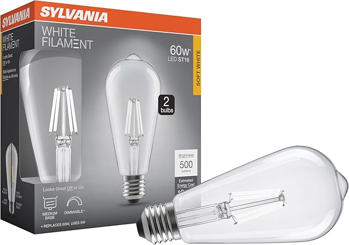 Sylvania ST19 Clear LED White Filament Bulb, 5W, Dimmable, 500 LMS, Medium Base, 2700K, Soft White - 2 Pack (42174)