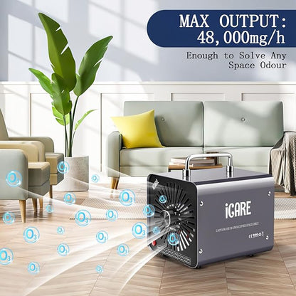 Ozone Generator 48,000mg/h, Ozone Machine for Odor Removal, High Capacity Ozone Odor Eliminator for Home, Car, Smoke, Pet, Basement, Industrial, Air Purifier with 120 Min Timer, Covers 4000 Sq.Ft