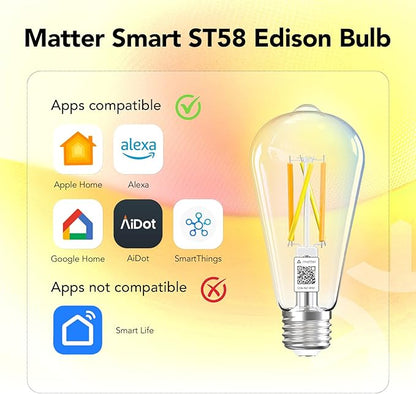 OREiN Matter Smart Light Bulb, ST19(58) Smart Edison Bulbs with Remote Control Work with Apple Home, Alexa, Google Home, SmartThings, 800lm 2700K-6500K Smart Filament Bulb E26 Base 4Pack