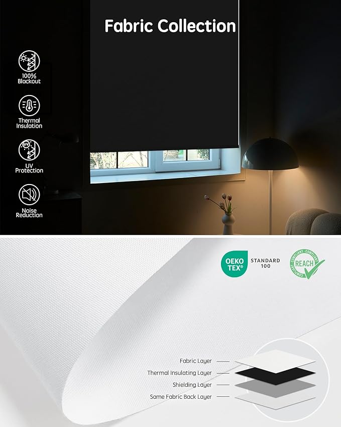 Yoolax Motorized Blinds with Remote, 100% Blackout Smart Roller Shades Work with Alexa, Google, Apple Homekit, Custom Automatic Shades with Voice Control for Bedroom Office (Fabric White)