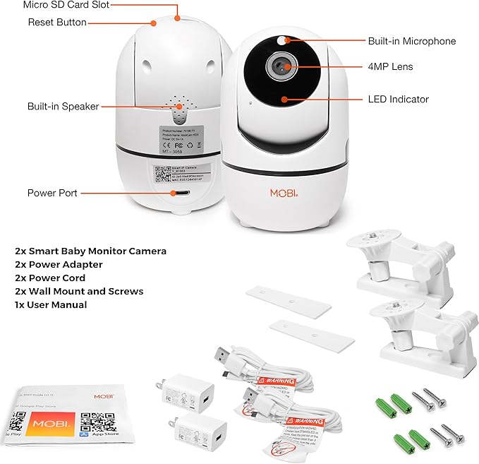 MobiCam HDX Wi-Fi Pan & Tilt Smart Nursery, Elderly & Home Monitoring Camera, 1080p HD Indoor Security Night Vision IP Camera, Motion Detection, Two-Way Audio, Cloud & SD Card Storage - (2-Pack)