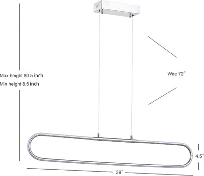 JONATHAN Y Ned 39" Integrated LED Linear Pendant Dimmable Metal, Chrome | Modern Adjustable Height Chandelier, Kitchen Island Light, 3000K, 1690 Lumens, ETL Listed, Clear Cord, Minimalist Decor