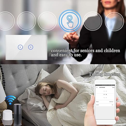 Jinvoo WiFi Wall Light Touch Panel Switch, 2 Way, Remote Control by Smart Phone,No Hub Required, Compatible with Tuya Smart Life app AC 120V Works with Amazon Echo Google Home White 1 Gang ETL Listed
