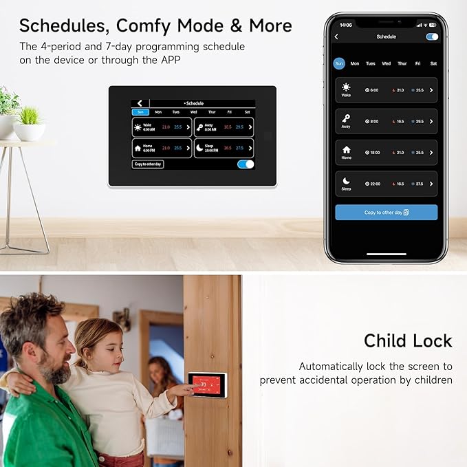 Smart Thermostats for Home with C-Wire Adapter, WiFi Thermostats Programmable Compatible with Alexa and Google Assistant,Energy Saving, Remote Control Tuya/Smart Life, C-Wire Require
