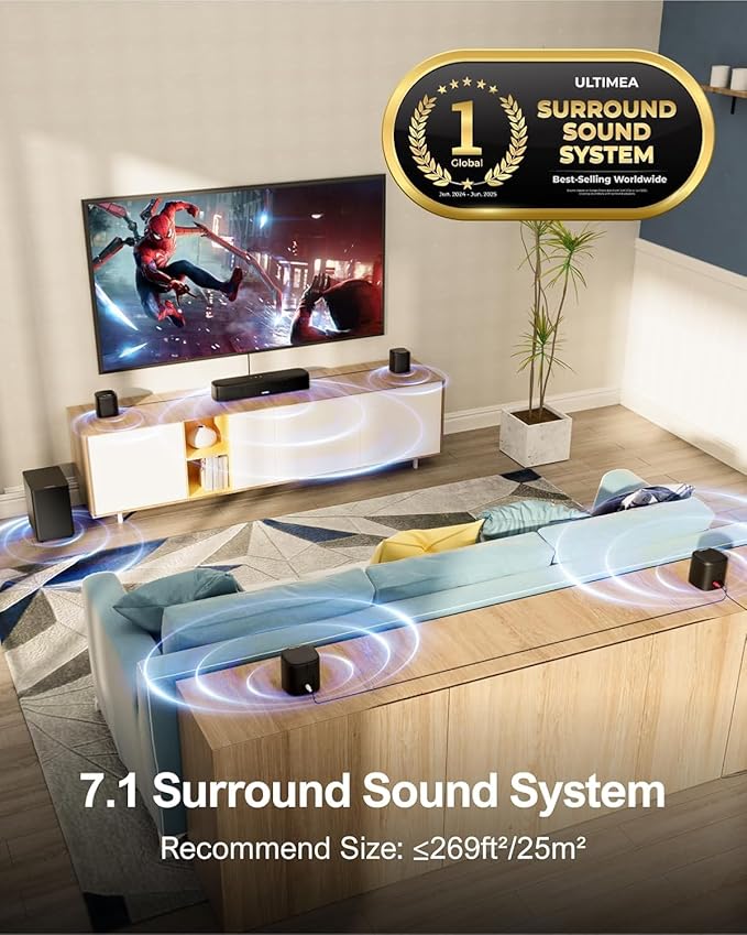 ULTIMEA 7.1ch Sound Bar with Subwoofer, Virtual Surround Sound System for TV, Sound Bar for Smart TV with 4 Surround Speakers, Peak Power 330W, TV Soundbar with App Control, Opt/AUX/BT, Aura A40
