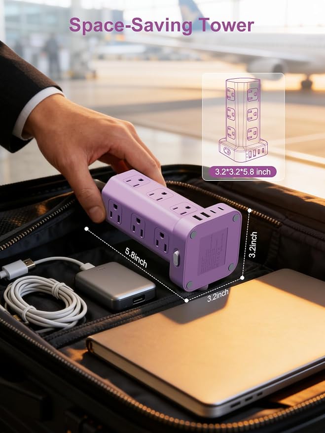 Power Strip Tower Surge Protector, 6FT Flat Plug Extension Cord with Multiple Outlets, 12 AC Outlets 4 USB (2 USB C), Desktop Charging Station with Surge Protection for Home Office Dorm Room, Purple