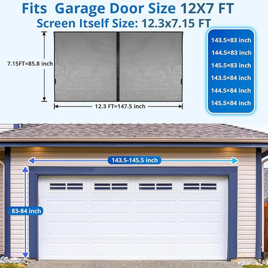 Garage Door Screen For 1 Car 12x7FT, Magnetic Screen Garage with Retractable Fiberglass Mesh and Heavy Duty Weighted Bottom, Easy Assembly & Pass, Hands Free Screen Door w/ 40 Magnets for Garage/Patio