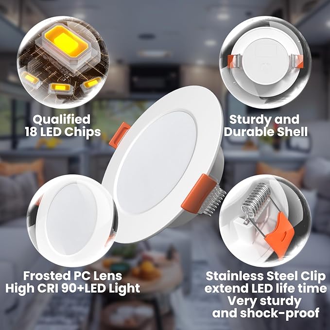 12 Volt 3 Inch Ultra Thin LED Recessed Ceiling Lights for RV Interior 3W 6000K 12V LED Downlights Dimmable RV Puck Lights for Camper Van Boat Under Cabinet Lighting, 6Pack