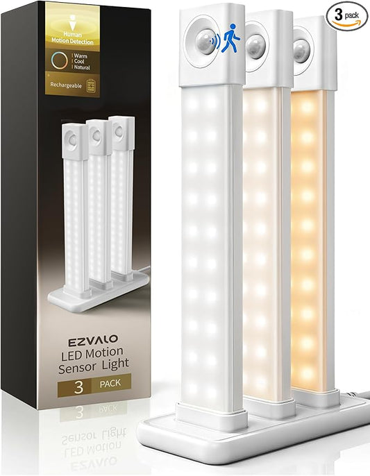 EZVALO Under Cabinet Lighting with Charging Station, 8 inch Motion Sensor Light Indoor, 1100mAh Rechargeable LED Light, 3 Color Temperatures, Dimmable Counter Lights for Kitchen, Closet, Stair (3Pack)