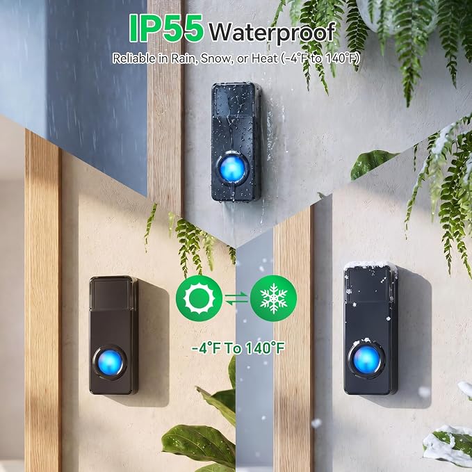 Wireless Doorbell with 2 Buttons, Smart WiFi Doorbell Chime with App Alarm