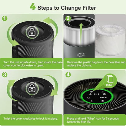 Chuboor Air Purifiers for Home Large Rooms, H13 True HEPA for Bedroom Dorm Room Pets, kitchen, washroom, with Timer, Auto Mode, Sleep Mode, for Smoke and Dust, Pollen, Odors, PJ01, Black