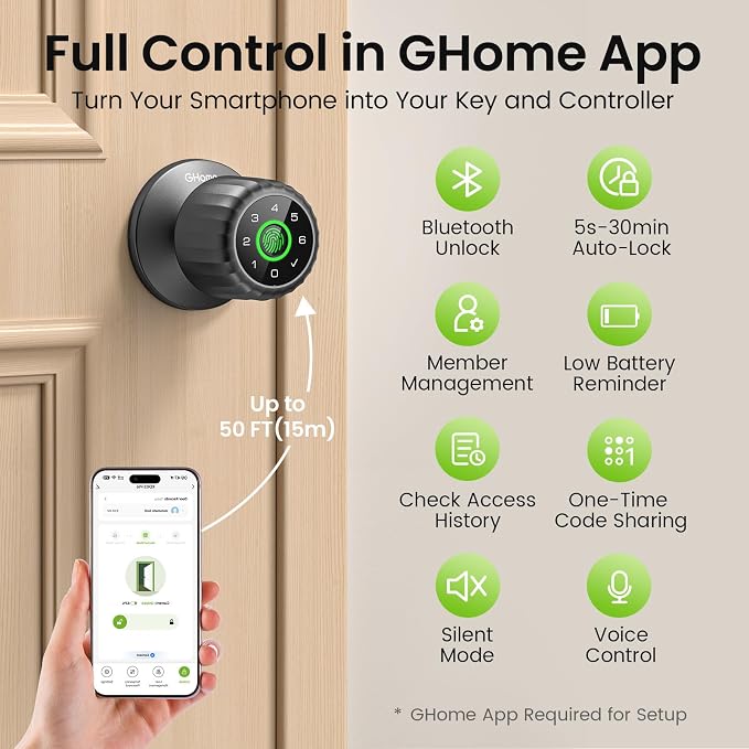 GHome Smart Fingerprint Door Lock, 4-in-1 Smart Door Knob for Bedroom, Home