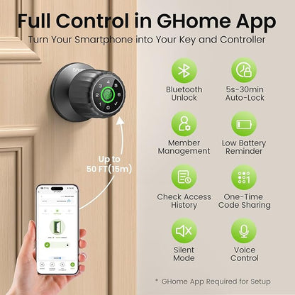 GHome Smart Fingerprint Door Lock, 4-in-1 Smart Door Knob for Bedroom, Home
