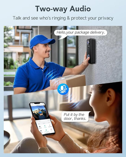 XTU Battery Doorbell, 180° Head-to-Toe Video, Live View with Two-Way Talk, No Monthly Fee, 2.4G Wi-Fi with Chime, Local/Cloud Storage, Human Detection, Compatible with Alexa & Google Home