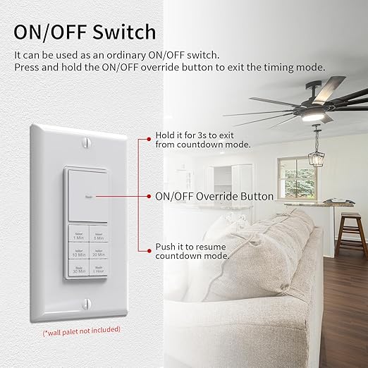 Minoston Timer Lights Switch, 1-60 Min, Countdown Wall Timer for Bathroom Fans, Heaters, Adjustable LED Brightness, 120VAC, Neutral Required, ETL and FCC Listed, White (MT11N)