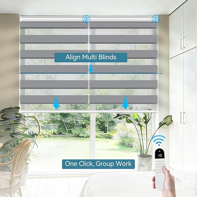 Interior Window Shades, Smart Dual Layer Light Filtering Blinds Compatible with Alexa & Google Home, Customized Size Cordless Electric Window Shades, (Gray, 70% Blackout)