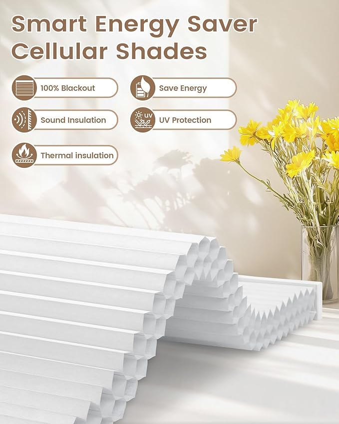 Kincmo Motorized Cellular Shades, Custom Motorized Blinds with Remote, Cordless Smart Electric Honeycomb Blinds Work with Apple HomeKit, Alexa, Google (100%-Blackout-Double-Cell White)