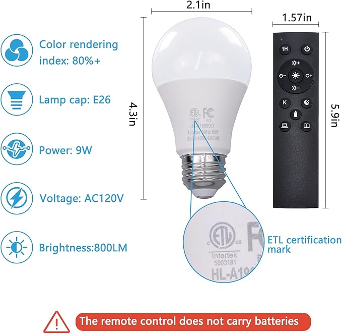 Gupuzm A19 LED Remote Control Bulbs, 800LM 9W, Equivalent to 60W Bulbs, Dimmable Bulb with Remote Control 3000K-6000K, E26 Base, CRI 80+,2.4GHz, Lifespan Over 25,000 Hours (9W-1 Remote-3 Bulb)