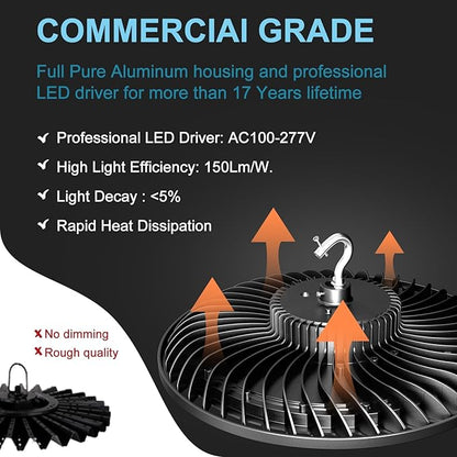 Lightdot 300W Smart LED High Bay Light 45000lm 5000K High Bay LED Shop Lights AC100-277V UFO High Bay Shop Lights with Remote Control Supports Normal Mode & Motion Mode-6Pack