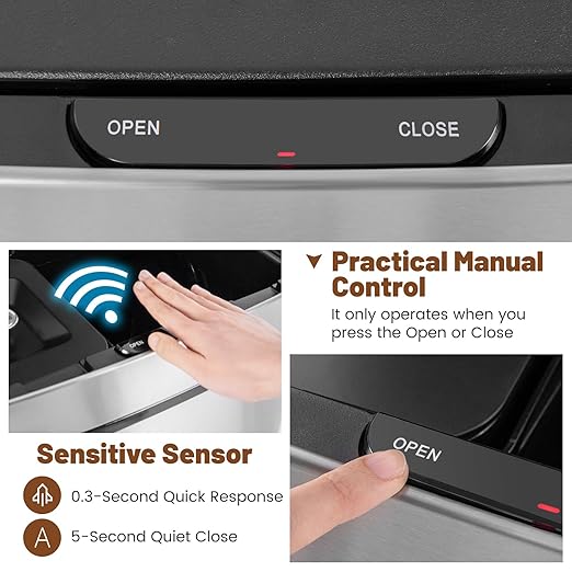 Goplus 19 Gal Motion Sensor Trash Can, 72 L Volume in 4 Containers, Touchless Trash Bin w/Kitchen Waste Bin & 2 Bottom Recycling Bins, Stainless Steel Garbage Can w/Soft Close Lid, Battery Operated