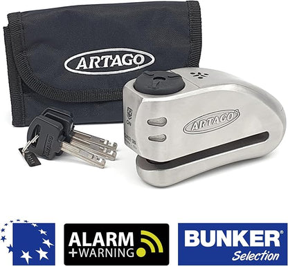 ARTAGO 32 State-of-the-art Motorcycle Disc Lock 2in1 | Smart Alarm, 120dB, Don't Touch Warning | Exclusive SAA Triple Locking, SRA & Sold Secure Gold Approved, Stainless Steel, Brake Anti-Theft Device