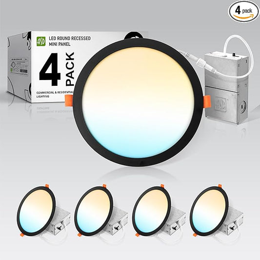 ASD 4 Pack 11/12 Inch LED Recessed Lighting 24W, 5 CCT 2700K-5000K CRI90+, IC Rated Ultra Thin Dimmable Ceiling Lights with J Box, Canless Wafer Downlight, Round Slim Panel Light, UL Listed, Black