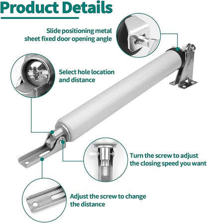 2PCS Screen and Storm Door Closer Kit, Heavy Duty Pneumatic Screen and Storm Door Closer, Screen and Storm Door Push Button Latch Set Replacement Kit, Adjust Smooth Closing Speed (Silver)