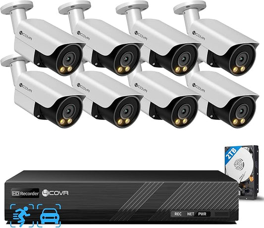 4COVR 4K PoE Security Camera System 8CH, 2-Way Audio & Smart Color Night Vision, 8X 8MP PoE IP Bullet Cameras, AI Human/Vehicle Detection, IP67 Weatherproof, 2TB NVR, 24/7 Recording, LY37YX8M0808-1