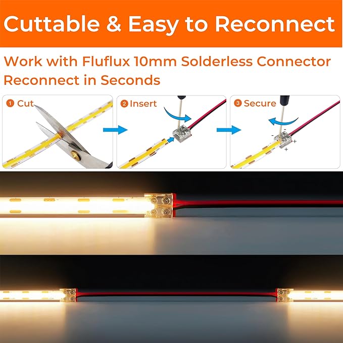 COB LED Strip Lights 3000K Warm White, 24Volt Diffused LED Tape Light with Heavy Duty 3M VHB Adhesive, CRI 95, UL Listed, Dimmable, 5W/FT for Kitchen, Cabinet (NO Power Supply)