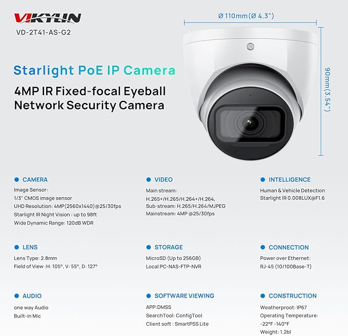 VIKYLIN 4MP PoE IP Camera,DMSS/SmartPss Lite,Starlight 0.006Lux@F1.6 Dome/Turret Security Camera with IVS,2.8mm Lens 164ft IR Night Vision, Built-in Mic, AI Human Vehicle Detection, IP67