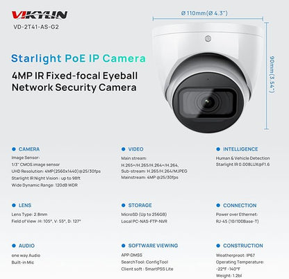 VIKYLIN 4MP PoE IP Camera,DMSS/SmartPss Lite,Starlight 0.006Lux@F1.6 Dome/Turret Security Camera with IVS,2.8mm Lens 164ft IR Night Vision, Built-in Mic, AI Human Vehicle Detection, IP67