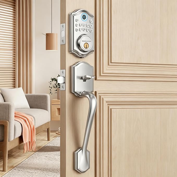 AkaGear Fingerprint Keyless Entry Door Lock Keypad Deadbolt with Handle Set | Smart Lock for Front Door, Front Door Lock Set, Passcode Unlock, 2 Keys, Auto-Lock, Brushed Nickel
