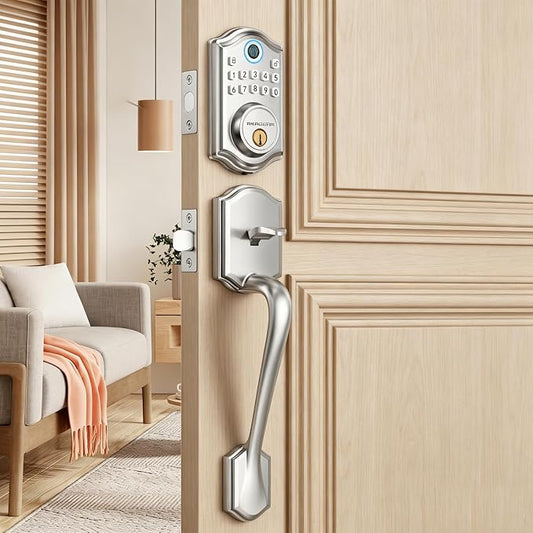 AkaGear Fingerprint Keyless Entry Door Lock Keypad Deadbolt with Handle Set | Smart Lock for Front Door, Front Door Lock Set, Passcode Unlock, 2 Keys, Auto-Lock, Brushed Nickel