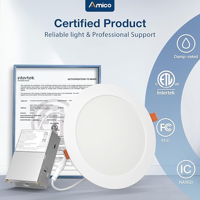 Amico 24 Pack 7 Inch 5CCT Ultra-Thin LED Canless Recessed Ceiling Light with Junction Box, 2700K/3000K/3500K/4000K/5000K Selectable, 15W=100W, 1300LM High Brightness, Dimmable Wafer Downlight, ETL&FCC
