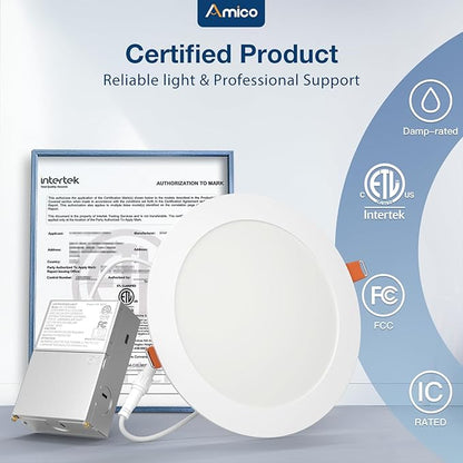 Amico 24 Pack 7 Inch 5CCT Ultra-Thin LED Canless Recessed Ceiling Light with Junction Box, 2700K/3000K/3500K/4000K/5000K Selectable, 15W=100W, 1300LM High Brightness, Dimmable Wafer Downlight, ETL&FCC