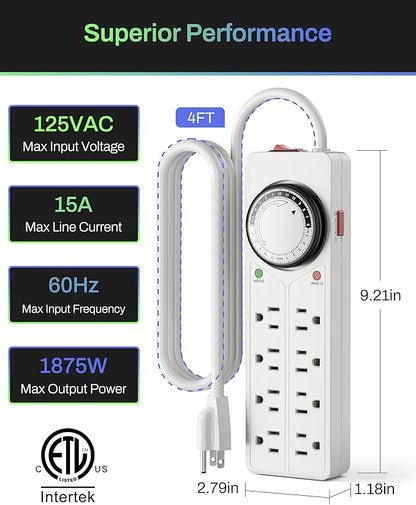 BN-LINK 8 Outlet Surge Protector with Mechanical Timer, 4 Timed & 4 Always-On Outlets, ETL Listed, 4ft Cord, 1875W, for Aquarium, Grow Lights, Christmas Decor, White