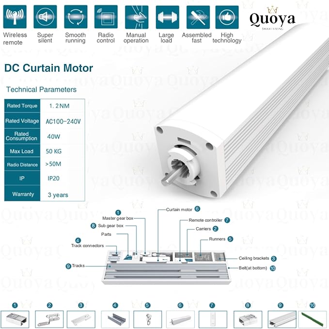 Quoya QL500 Smart Curtains System, Electric Curtain Track with Automated Rail【Motorized and Adjustable Tracks/Rod/Pole (up to 7 metres / 275 inches)】【Motor compatible with Alexa】