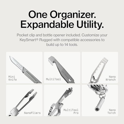 KeySmart Rugged Keychain Multitool Key Holder, Up to 14 Keys | Key Organizer for EDC. Expandable, Durable Build, Reduces Key Chain Bulk & Jingle, Pocket Clip & Bottle Opener Included