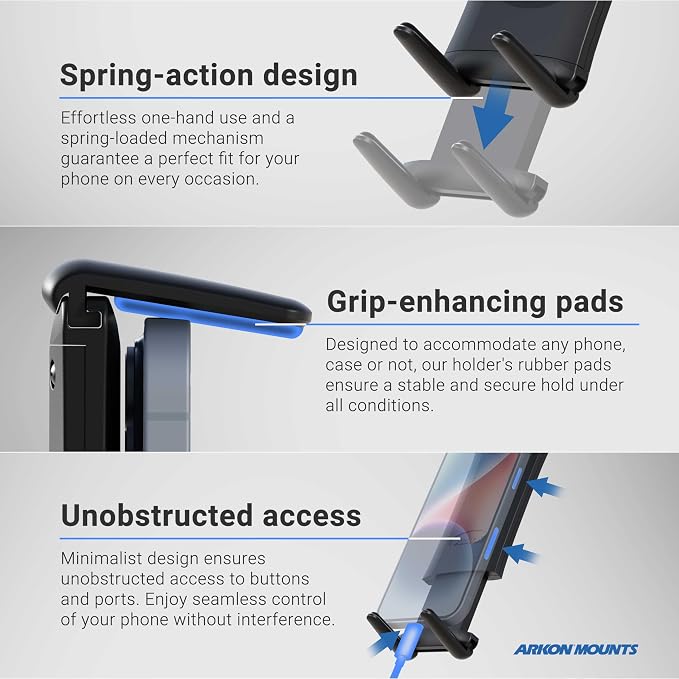 ARKON Mounts - Car Phone Holder | Secure Grip | Heavy Duty | Drill Base Car Phone Mount | Spring-loaded holder expands up to 7.25 inches | For iPhone, Samsung, Google, Nokia, and other Smartphones