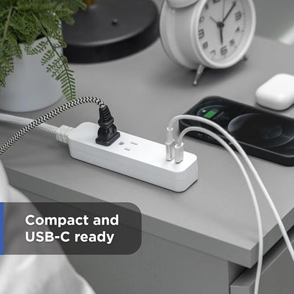 GE 2 USB C Extension Cord Power Strip, 2 Outlets, 4 Ft Braided Cord (Pack of 5)