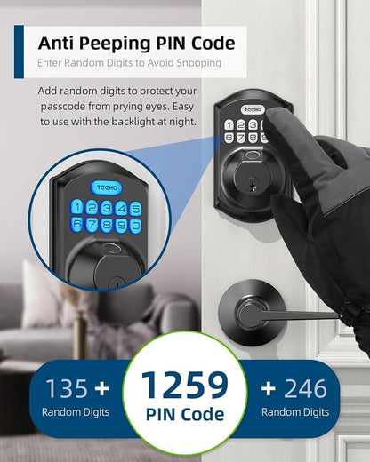 TEEHO TE002L Fingerprint Door Lock with 2 Lever Handles, Keyless Entry Deadbolt with Handle Set, Electronic Keypad Deadbolt for Front Door, Auto Lock and 1 Touch Locking, Matte Black